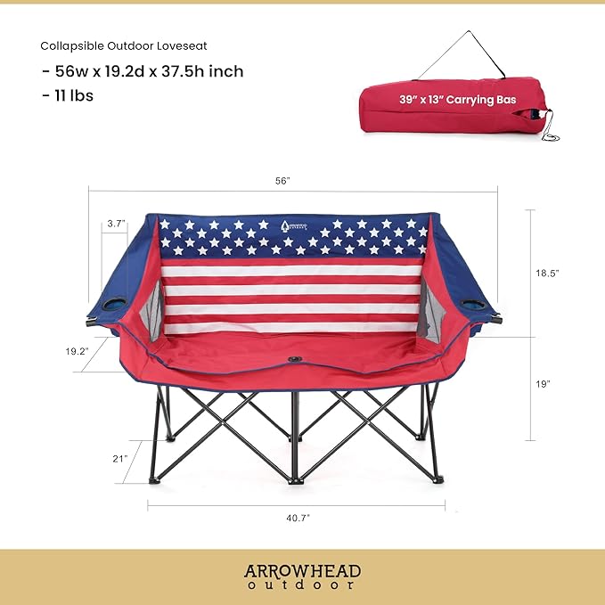 ARROWHEAD OUTDOOR Portable Folding Double Duo Camping Chair Loveseat w/ 2 Cup & Wine Glass Holder, Carrying Bag, Supports up to 500lbs