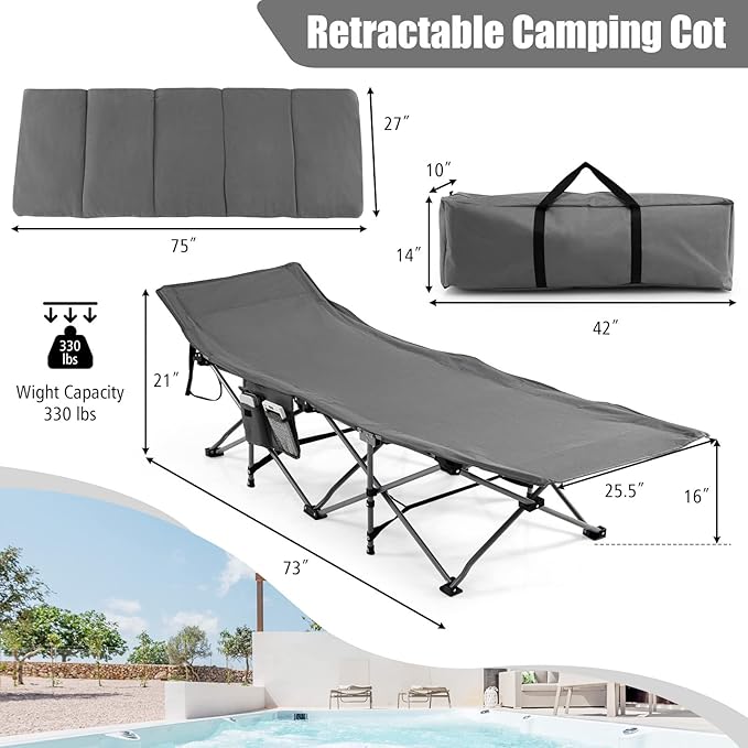 Goplus Camping Cot, Folding Camping Cot with Mattress, Pillow, Carry Bag, Storage Pocket, Camping Bed Military Cot for Home Office Nap Hiking, Heavy-Duty Portable Sleeping Cot for Adults Kids (Grey)