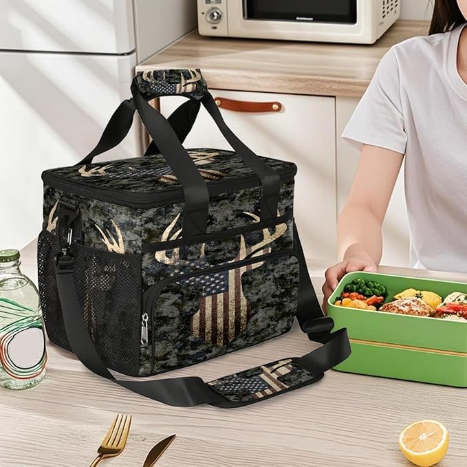 Camouflage Camo Deer American Flag Soft Cooler Bag Insulated Lunch Box for Men & Women, Large Leakproof Lunch Bag Portable Beach Cooler for Work, Picnic, Road Trips,Fishing, Travel, Camping,A-13