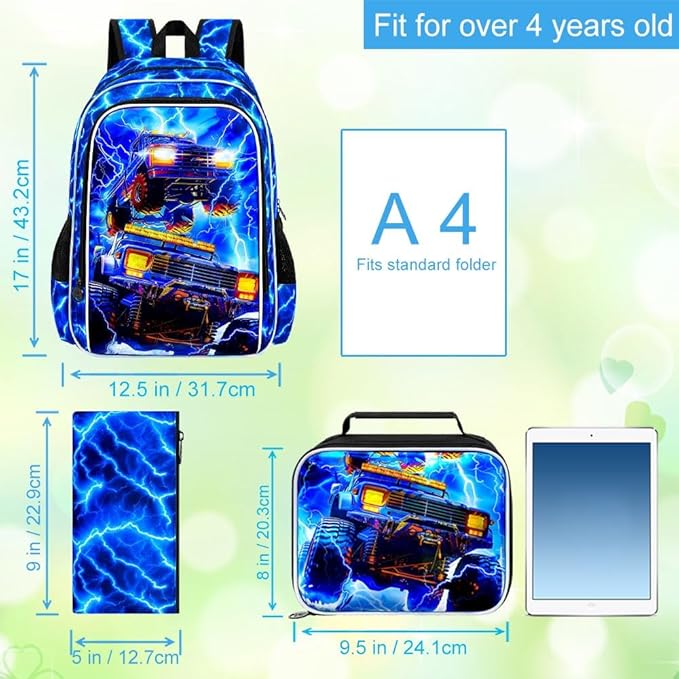 17" Truck Backpack for Boy, 3Pcs Lightning Bookbag for Elementary Preschool Kindergarten, Kids School Thunder Backpacks with Lunch Box (Blue)