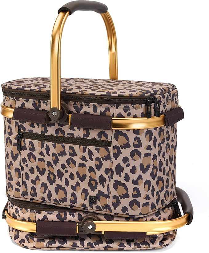 ALLCAMP Picnic Basket - Insulated Cooler, Thickening Foldable Picnic Basket with Removable Baskets & Sewn-in Frame, Basket for House Warming Gifts New Home(Leopard Print)