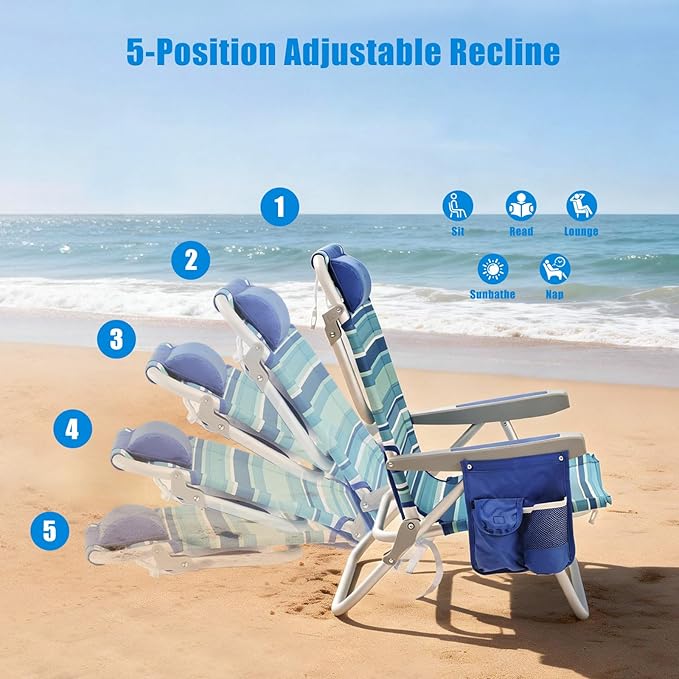 SUNNYFEEL Low Beach Chairs for Adults 5 Position Lay Flat, Portable Folding Backpack Beach Chair Heavy Duty with Cooler Bag, Cup Holder for Outdoor/Lawn/Picnic/Sand, Foldable Camping Chair