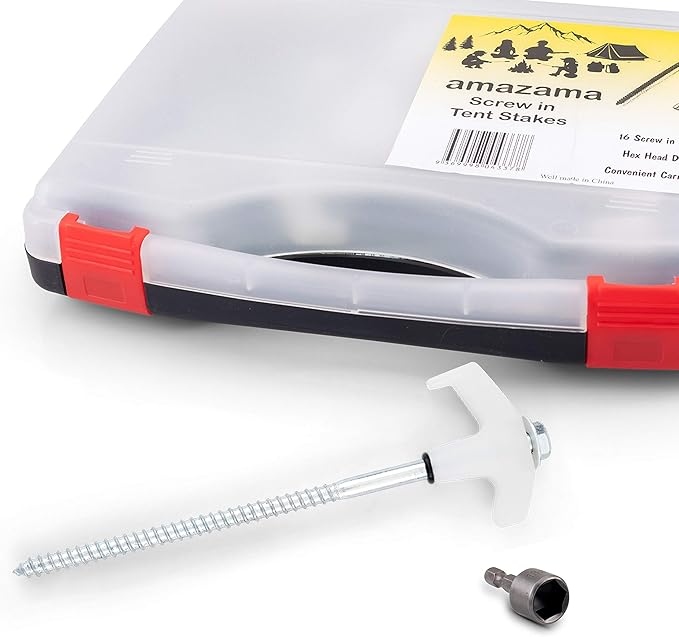 Tent Stakes - 16 Heavy-Duty Ground Screw Anchor Pegs - Galvanized - Non Rust - Perfect for Yard, Garden, Awning & Canopy - Glow-in-The-Dark Tops - Hex Tool & Carry Case - Gazebo - Accessories