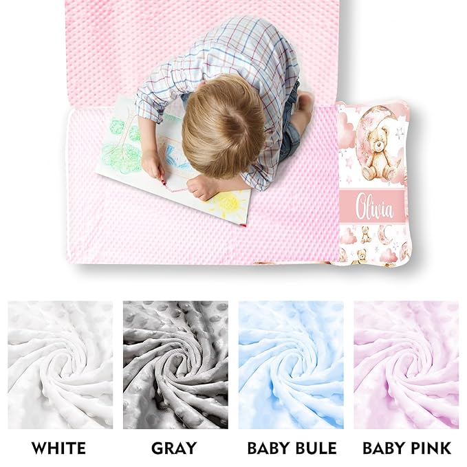 Custom Toddler Nap Mat for Preschool, Personalized Name Pink Kids Sleeping Bag with Bear for Daycare, Roll Up Sleeping Mat with Removable Pillow and Soft Dot Minky Blanke for Girls Camping