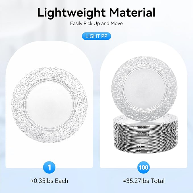 DYRABREST 100 Pcs 13 Inch Silver Charger Plates, Bulk PP Wedding Chargers with Floral Reef Design Decorative Round Ruffled Rim Dinner Plates for Wedding Party Event Table Setting Decoration