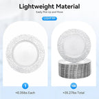 DYRABREST 100 Pcs 13 Inch Silver Charger Plates, Bulk PP Wedding Chargers with Floral Reef Design Decorative Round Ruffled Rim Dinner Plates for Wedding Party Event Table Setting Decoration