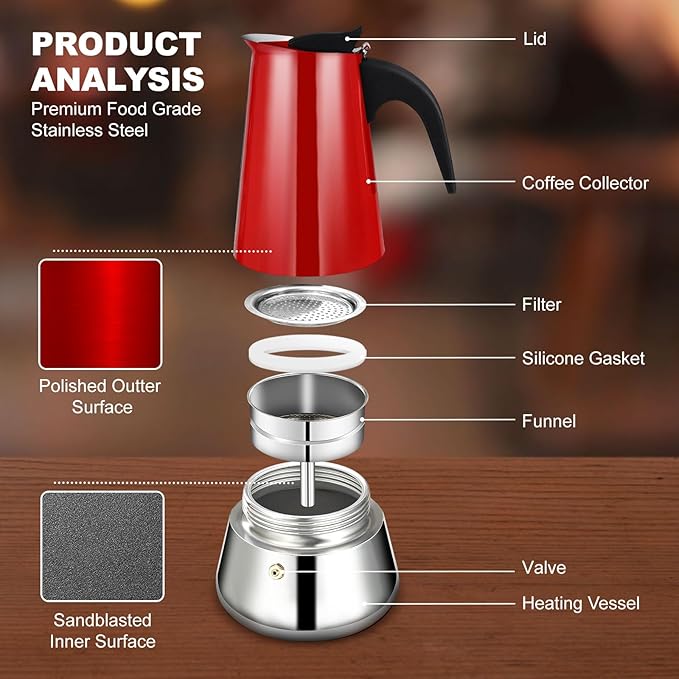 4 Cup Stovetop Espresso Maker Stainless Steel Moka Pot Stove Top Percolator Italian Coffee Makers Capable Mocha Greca Machine Cafe Classic Induction Cookers for Home and Camping 200ml 6.6oz