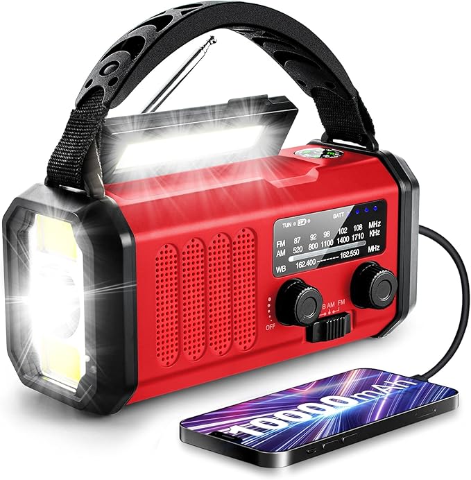 Weather Radio, Emergency Crank Radio AM/FM/NOAA Solar/Hand Crank/USB Charging,10000mAh /37000mWh Rechargeable Battery, Flashligh Cell Phone Charger for Hurricanes Camping & Home Emergencies