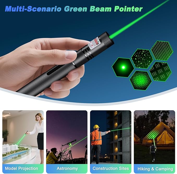 [Professional]USB-C Rechargeable High Power Green Pointer, Long Range with Star Cap&5 Adjustable Modes, Tactical Flashlight for Construction, Astronomy, Outdoor Hunting,Hiking&Camping, Presentations