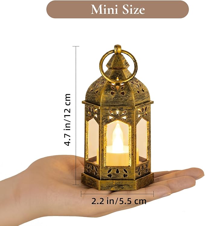 Mini Lanterns with Remote Control: 10 Pcs Gold Lantern with Timer Dimmer Table Centerpieces Decorations for Ramadan Wedding Party Camping Decor