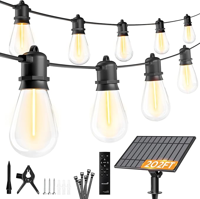 Minetom 202FT Solar String Lights Outdoor Waterproof, 65 LED S14 Shatterproof Bulb, Patio Lights with Remote Type-C Port Timable, 3 Light Modes Dimmable Solar String Lights for Outside, Yard, Camping