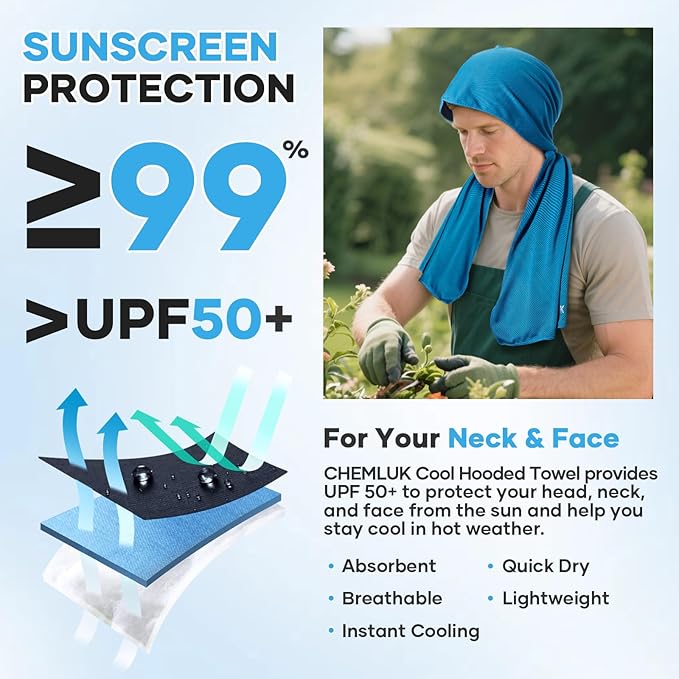 Cooling Hoodie Towel: Cooling Towels for Neck and Face, Instant Cool, UPF 50 Sun Protection, Cool Towel for Hot Weather, Great for Sports, Gym, Golf, Camping - 4 Packs