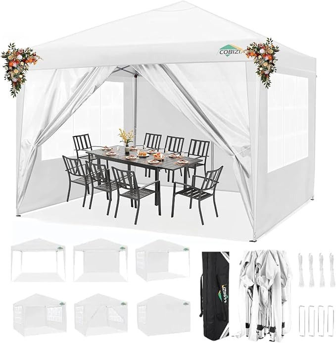 COBIZI 10x10 Pop Up Canopy Tent with 4 Sidewalls Party Tents Waterproof UPF 50+ Commercial Instant Outdoor Events Tent for Parties Markets Backyard, Ropes（10 x 10 ft White