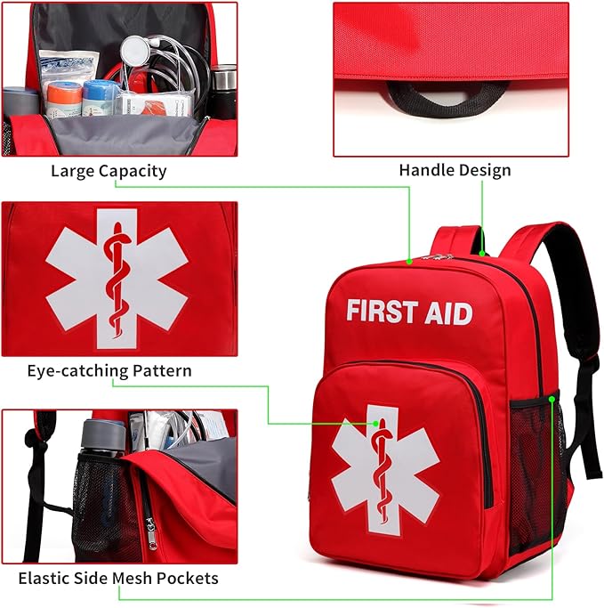 First Aid Backpack Emergency Empty Waterproof Survival First Responder Trauma Bag Travel Home Outdoor Camping (Red)