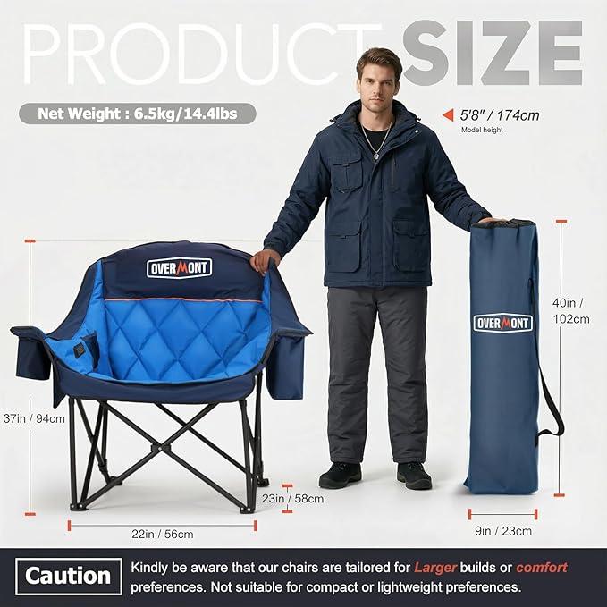 Overmont 2PCS Oversized Camping Chair for Adults - 400lbs Support Heavy Duty Padded Folding Chair with Cooling Bag Cup Holder Side Pocket Carry Bag - Comfortable Portable for Outdoor Garden Sports