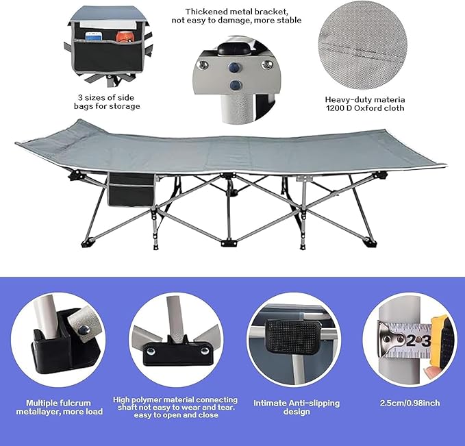 Folding Camping Cot for Adults - Heavy Duty Sleeping Cots with Carry Bag, Double Layer Oxford Portable Travel Camp Cots for Outdoor Camp Beach Home Office (Silver Frame with Gray Pad, 1PACK)