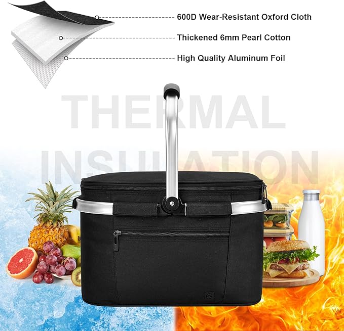 ALLCAMP Picnic Basket - Insulated Cooler, Thickening Foldable Picnic Basket with Removable Baskets & Sewn-in Frame, Basket for House Warming Gifts New Home(Jet Black)