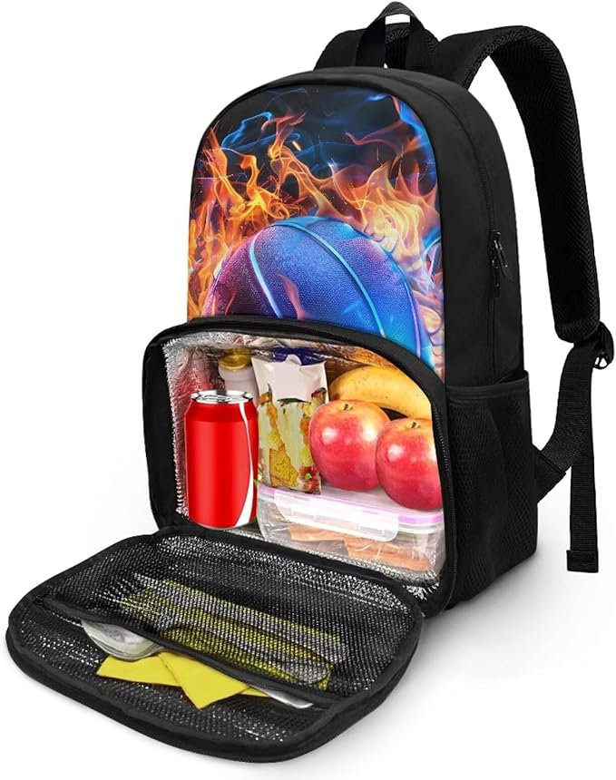 Casual Bookbag Laptop Backpacks Hiking Outdoor Insulated Unisex Lunch Cooler Backpack All In One Food Backpack Meal Bag Travel Work Daypack for Men Women, Fire Flame Basketball