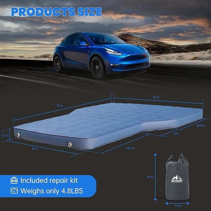 OUTSKIRT Camping Sleeping Pad for Tesla Model Y, 4" Thick Self Inflating Sleeping Mat, 9.5 R-Value Car Camping Pad, Camping Air Mattress Bed
