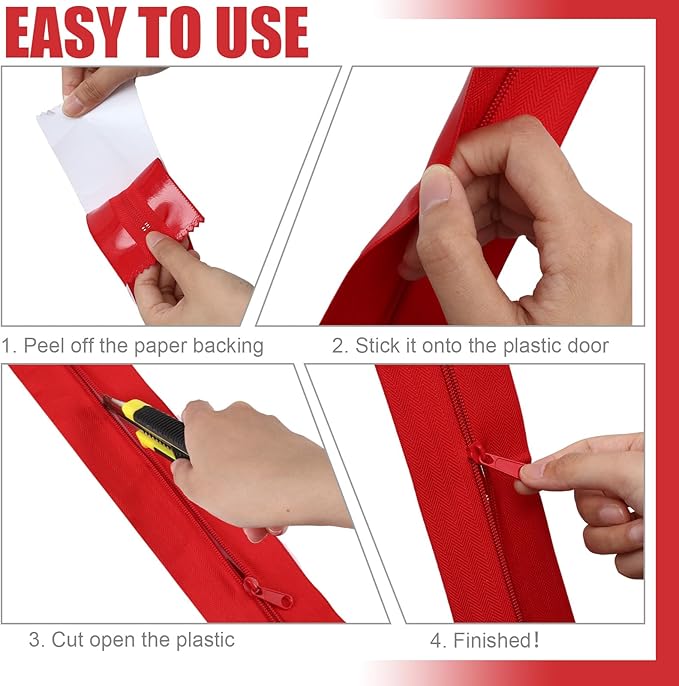 Tigeen 72 Roll Heavy Duty Zipper Door for Dust Barriers 7 ft x 3 Inch Self Adhesive Construction Zipper Door for Greenhouse Tent Accessories (Red)