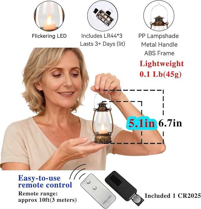 12PCS Bronze Mini Lanterns with Remote Control, 5.1" H/13cm Small Vintage Western Lanterns for Christmas Table Centerpieces, Halloween/Camping Party Decorations, Indoor Hanging & Table