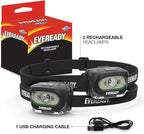 Rechargeable LED Headlamps by Eveready (2-Pack), IPX4 Water Resistant Head Lights for Running, Camping, Emergency, Outdoors (USB Cable Included),Black (2-Pack),Adjustable