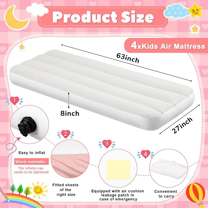 Windyun 4 Sets Kids Air Mattress Bulk with Fitted Sheet,Toddler Inflatable Bed 63 x 27 x 8 Inches Blow up Airbed Camping Sleeping Pad for Aged 3-10 Years Old Birthdays Slumber Sleepover Party (Pink)