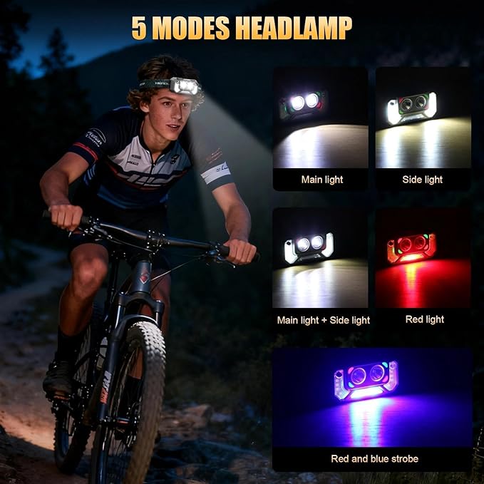 LED Headlamp Lightweight with Red Light Motion Sensor, 5 Modes USB-C Rechargeable, 6-Hour Runtime, Waterproof Headlight for Camping, Running, Fishing, Work, and Emergencies, 1 Pack