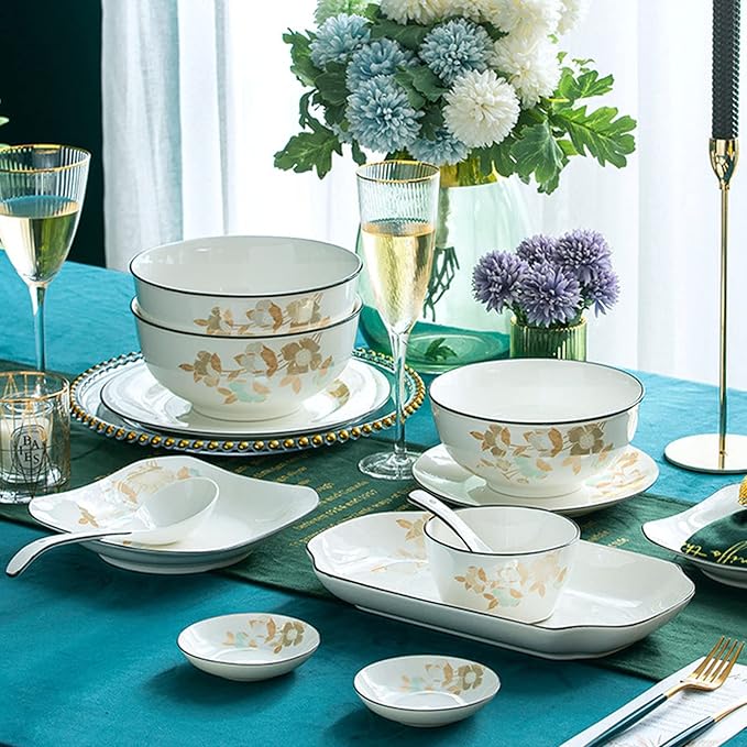 Milky White Porcelain Tableware Set Home Simplicity Combination Tableware Set of Bowls Dessert Plates Soup Plates Dinner Plates 56 Piece Set