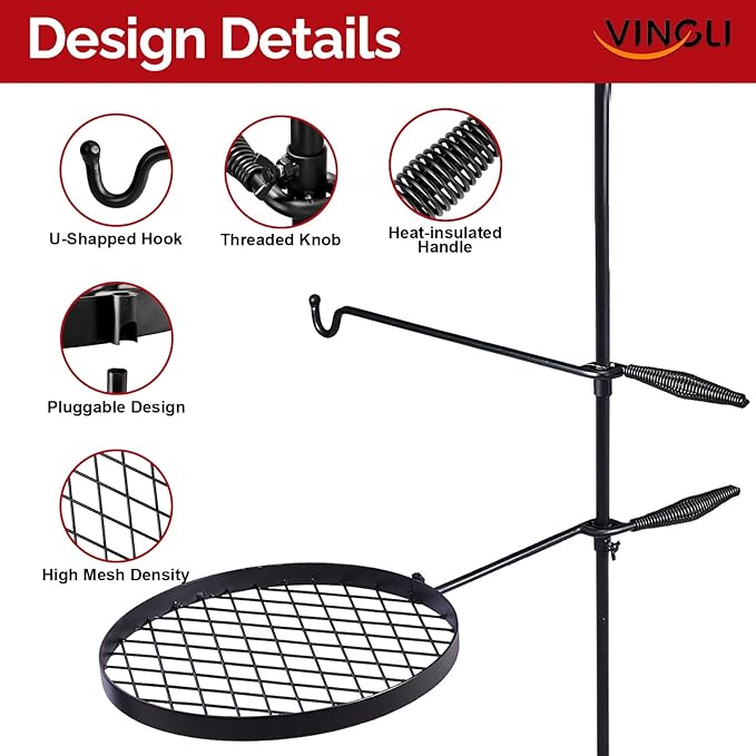 VINGLI Swivel Camping Firepit Grill, Foldable Campfire Steel Grate w/Griddle & Storage Bag, 360° Adjustable, Open Fire Outdoor Cooking Equipment, Parties, Activities, Families Use 30'' x 13'' x 48''