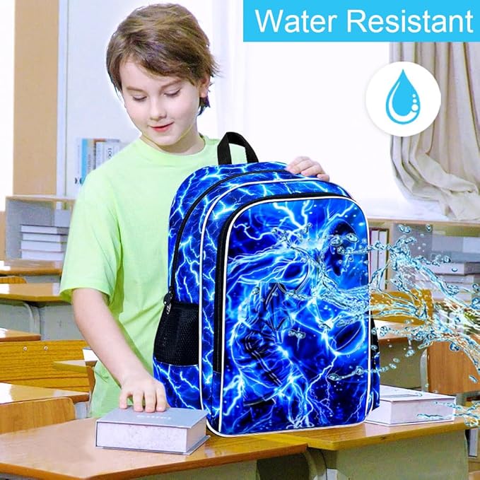 17" Basketball Backpack for Boy, 3Pcs Lightning Bookbag for Elementary Preschool Kindergarten, Kids School Backpacks with Lunch Box (Blue)