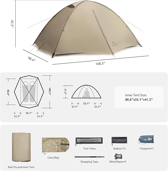 Naturehike Jiling 1/2 Person Backpacking Tent 4 Season Lightweight Tent for Hiking & Bikepacking Easy Setup 3000mm Waterproof Ultralight CampingTents for Outdoor Cycling