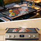 Carbon Steel Double Burner Griddle for Gas Grill–19.6" x 10.5" Flat Top Griddle Pan with Smash Burger Press& Heat Resistant BBQ Gloves,Stovetop & Induction Griddle Plate for Charbroil, Camp Chef