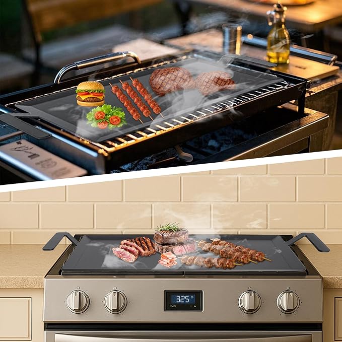 Carbon Steel Double Burner Griddle for Gas Grill–19.6" x 10.5" Flat Top Griddle Pan with Smash Burger Press& Heat Resistant BBQ Gloves,Stovetop & Induction Griddle Plate for Charbroil, Camp Chef