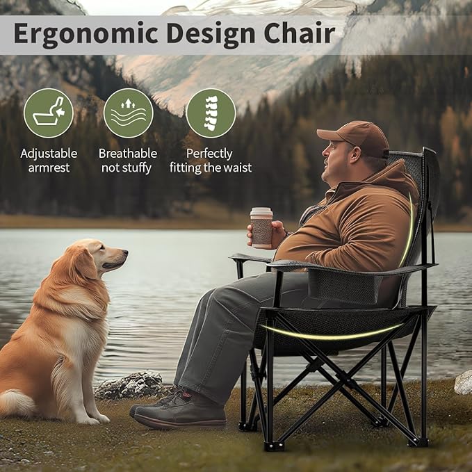 Heavy Duty Folding Chair 500LB Capacity, Oversized Camping Chairs with Cup Holder, Cooler Bag & Storage Pouch, Double-Layer Fabric, Outdoor Chairs for Sports, Lawn Chairs (2, Black Grey, Oversized)
