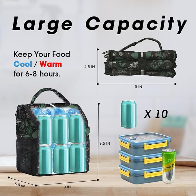 VLM Lunch Box for Women, Insulated Lunch Bag Women with Adjustable Shoulder Strap, Cute Lunch Tote Bag for Work,Picnic,Camping (Green Floral, Small)