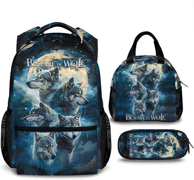 Kids School Backpacks, Cool Wolf Schoolbag, 3 Pcs Preschool Elementary Kindergarten Backpacks, 17 Inch Bookbags for Kids 2nd 3rd Grade, Animal Bookbag for School Travel Hiking Picnic