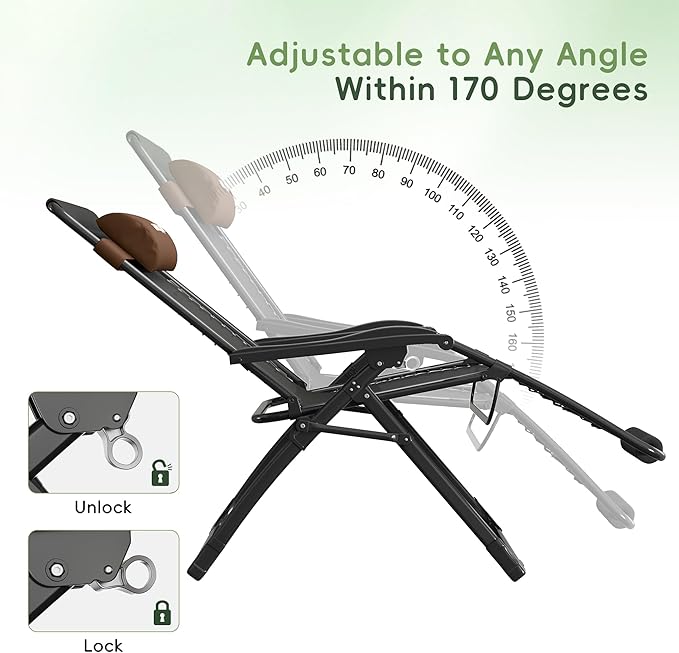 Amopatio Oversized Zero Gravity Padded Chair w/Removable Cushion&Headrest, XXL 33In Reclining Camping Lounge Chair Upgraded Lock and Footrest, Folding Patio Recliner for Indoor Outdoor, Brown