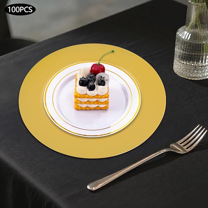 100 Pcs Charger Plates Bulk, 13 Inch Round Charger Plates Set, Table Decoration Dinner Tray for Wedding Party Baby Shower (Gold)