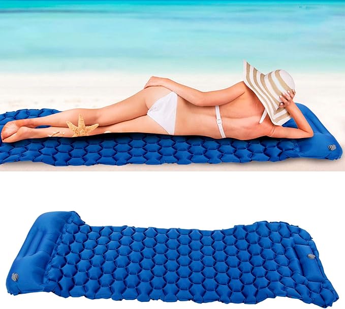 Camping Sleeping Pad Mat Foot Press Inflatable Cushion Mattress, Durably 40D Nylon TPU Laminate, Lightweight 700g, Compact Folding Size for Tent Hiking Travel (Blue)