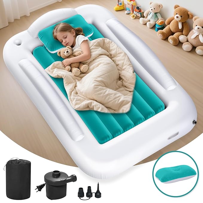 Inflatable Toddler Travel Bed - Portable Toddler Kids Travel Bed with Safety Sides Complete Kids Air Mattress Set with High-Speed Pump, Ideal for Vacation Camping and Sleepover (60 Inches)