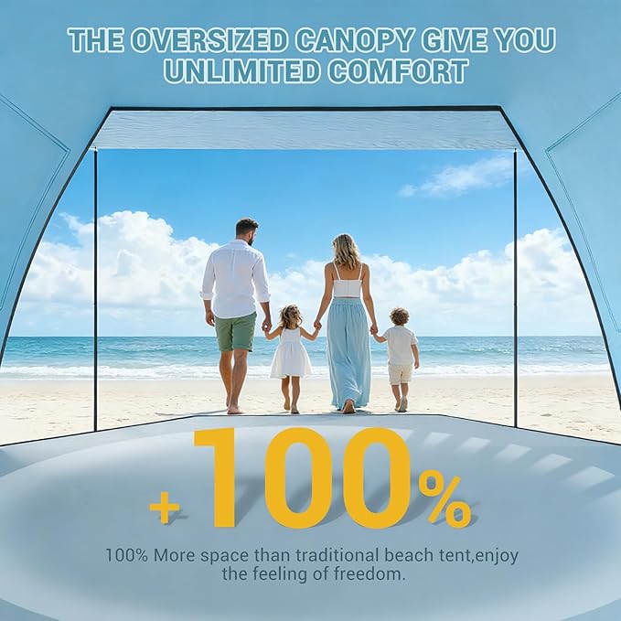 Elegear Beach Tent Sun Shelter with Canopy, 4-5 Person Pop Up Beach Tent, Easy Setup UPF 50+ UV Protection Portable Lightweight Double Silver Coating Beach Cabana Sun Shade Shelter - Sky Blue