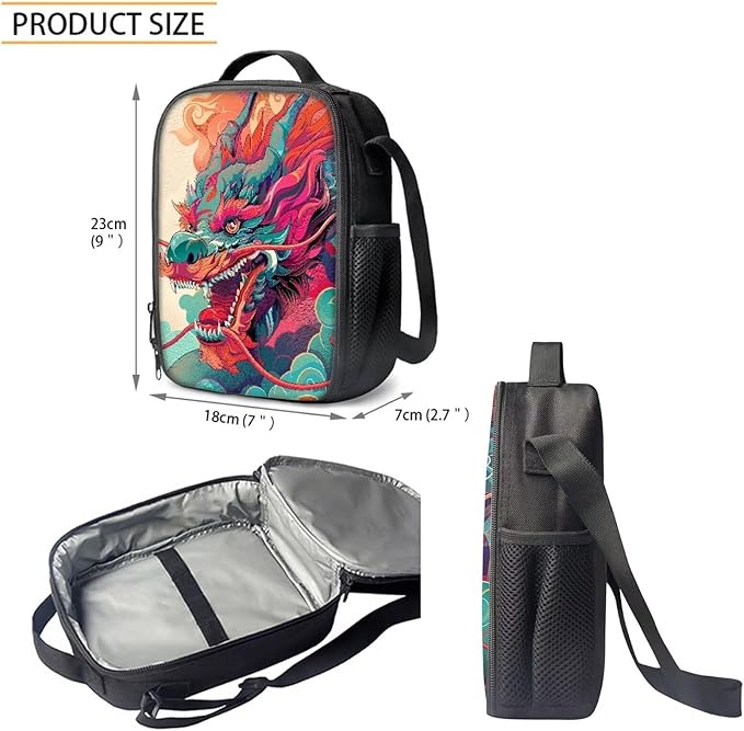 3PCS Colorful Dragon Backpack for Boys 17 Inch Large Capacity Bookbag and Lunch Box Set for Boys Cool Lightweight Teens School Bags 9-10 Years for Back to School Travel Rucksack