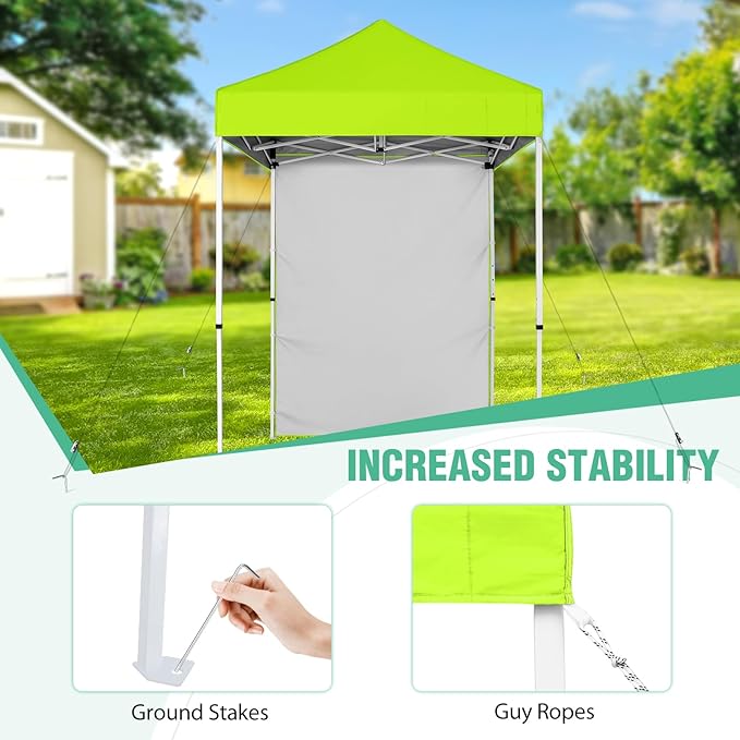 5x5 Pop Up Canopy Tent with One Sidewall, Instant Portable Beach Canopy, Outdoor Tent with Carry Bag for Camping, Sports, Tailgating, Events, Neon Green