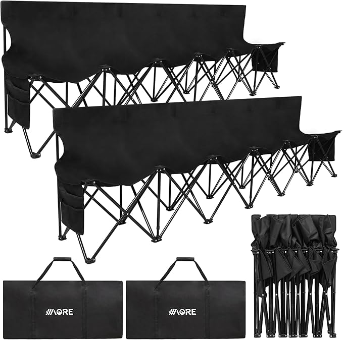 1MORE Soccer Bench - Portable Folding Team Bench, 6 Seats Foldable Sideline Benches, Soccer Chair with Bag & Backrest, Adult Team Chair for Football Camp Sport Events Outdoor Seating.Black-2PACK