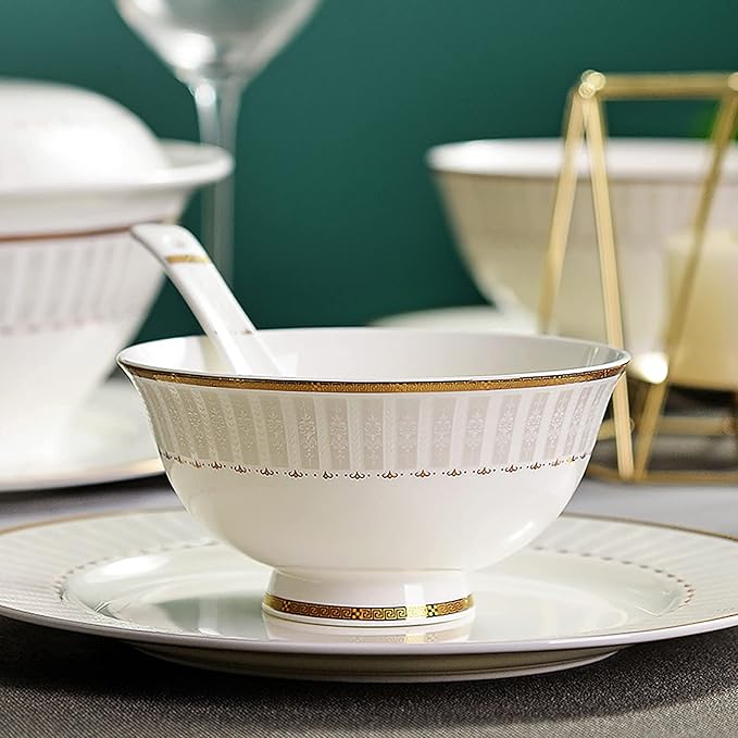 50 Pieces Dinner Set, White Porcelain Bone China Tableware Set with Round Dessert Plates Soup Plates Dinner Plates Bowls Dishes Soup Pot Service for 10 People with Gold Rim