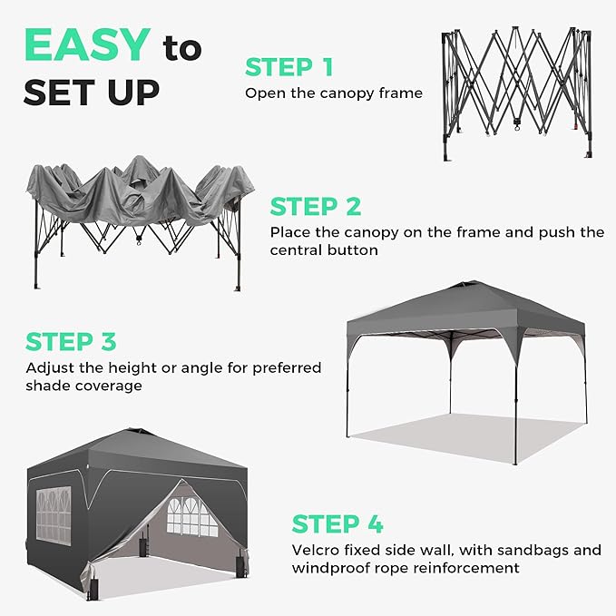 GDY 8x8FT Pop Up Canopy Tent with One Push Setup, Easy to Install with 4-Sidewalls for Events, Parties, Camping, Outdoor Gazebo with 4-Sandbags, Grey.