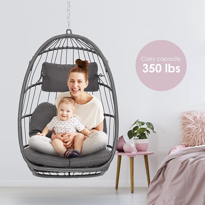 Hanging Egg Chair - Patio Rattan Wicker Swing Egg Chair Hammock Chair for Indoor Outdoor Bedroom Garden - Aluminum Steel Frame UV Resistant Cushion (Aluminum-Without Stand, Dark Grey)