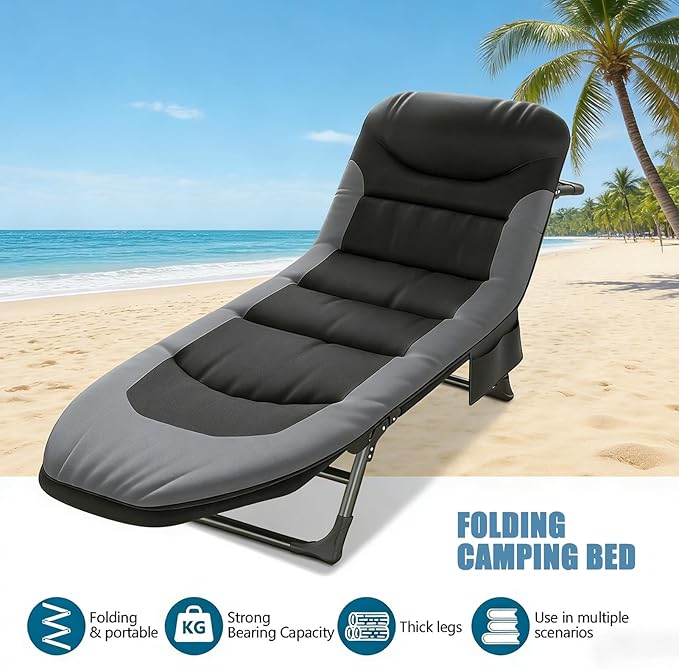 Folding Camping Cot for Adults with Adjustable Backrest & Pillow, Portable Lounge Chair Bed, 6-Position Recliner, Waterproof Outdoor Cot Supports 450lbs, Includes Side Pocket (Gray)