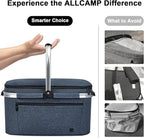 ALLCAMP Picnic Basket - 2 Ice Box Included 32L Insulated Cooler, Thickening Foldable Picnic Basket with Removable Baskets & Sewn-in Frame, Basket for House Warming Gifts New Home(Blue)